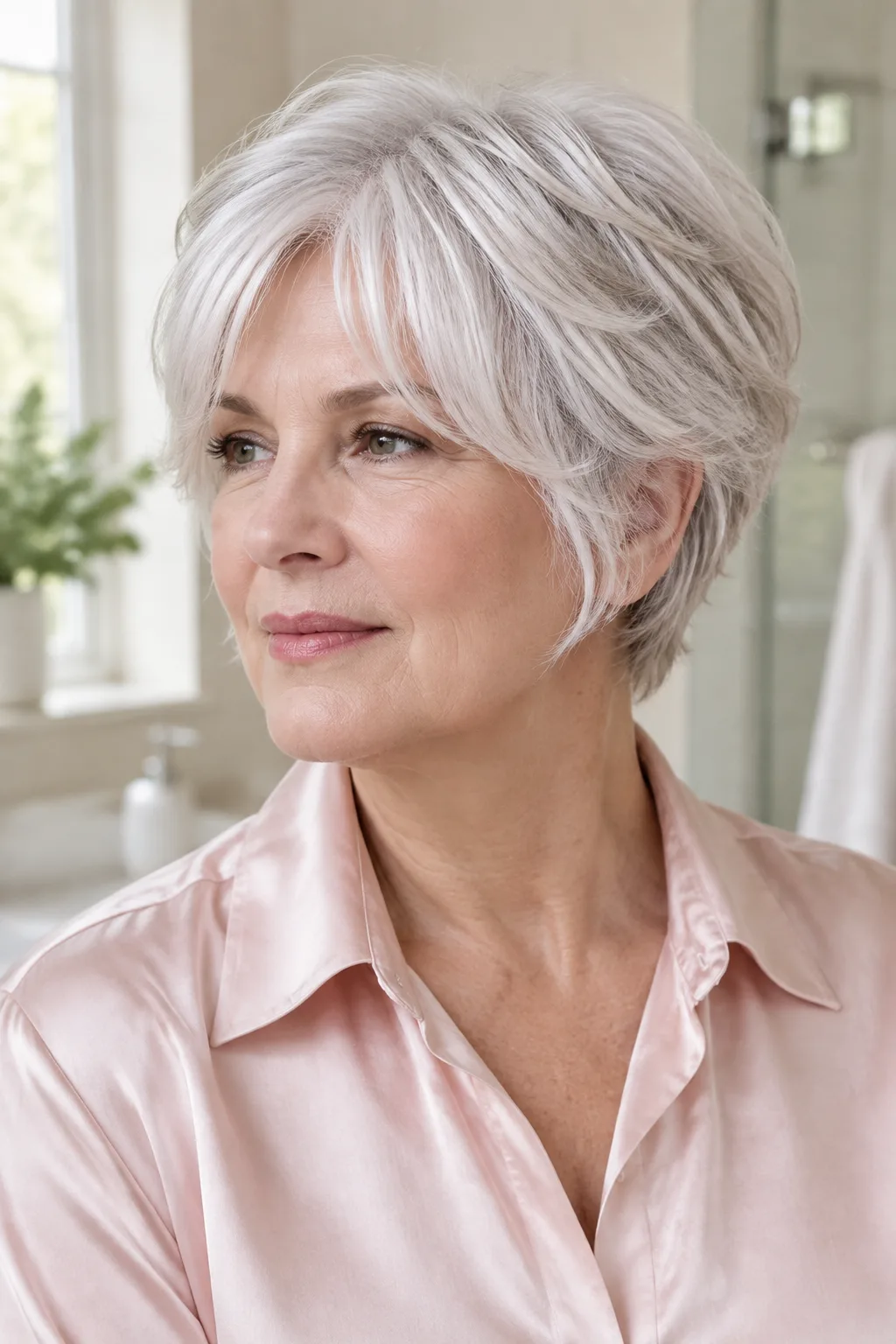 Older woman with snow white textured pixie and curtain fringe facing left