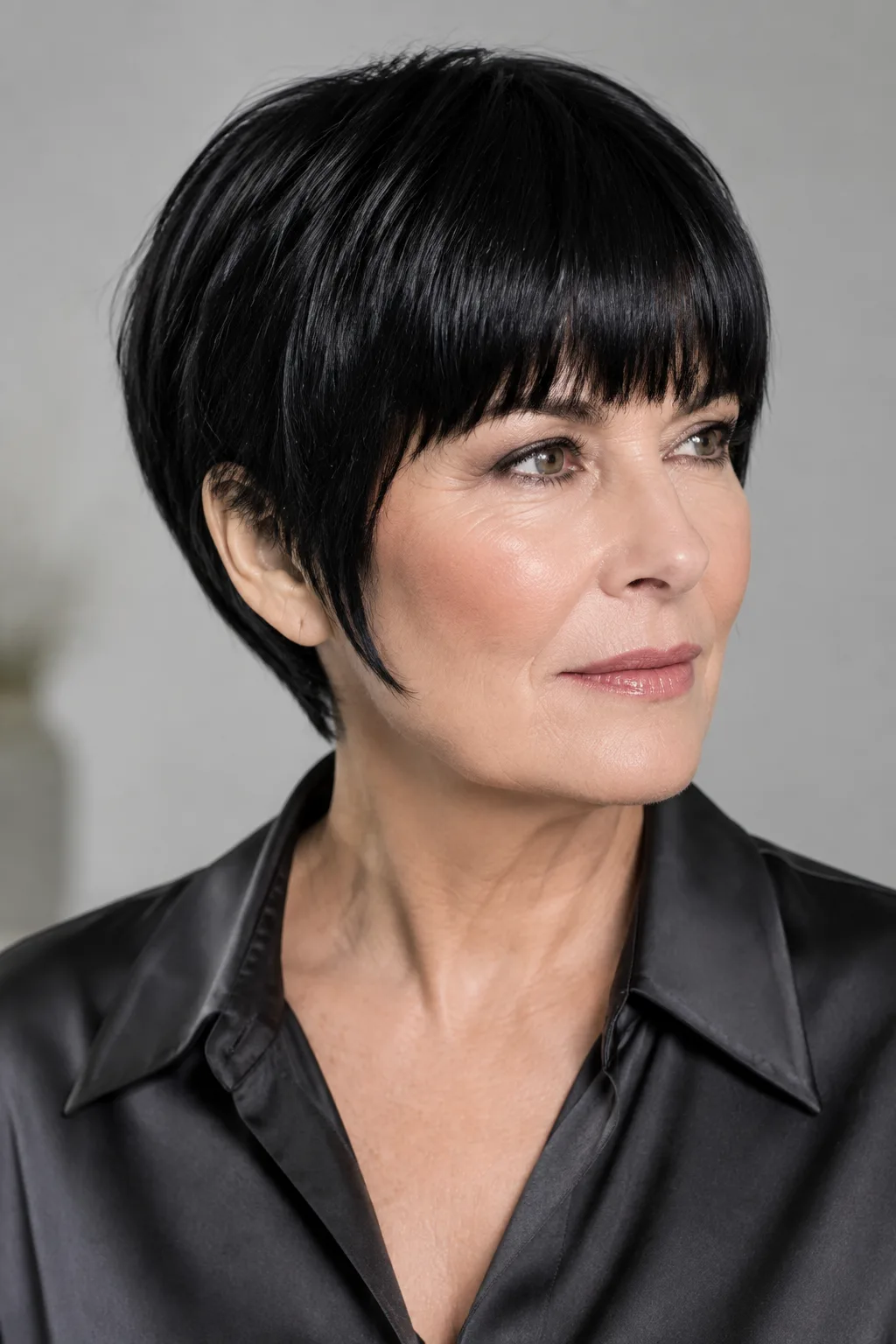 Woman with jet black sleek pixie and blunt fringe facing right