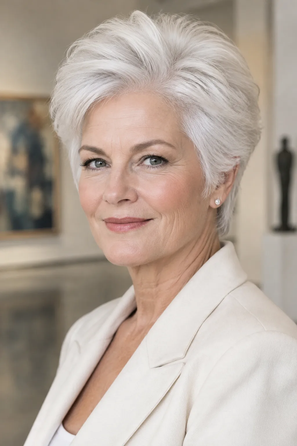 Woman with bright white voluminous pixie and no fringe looking left