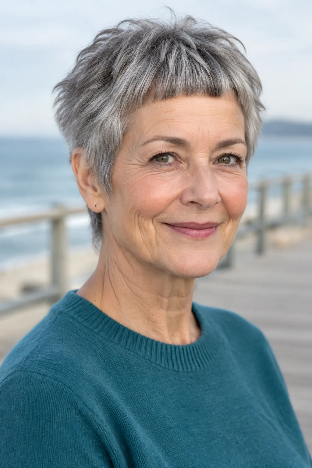 Woman with steel gray pixie and micro bangs facing right toward camera