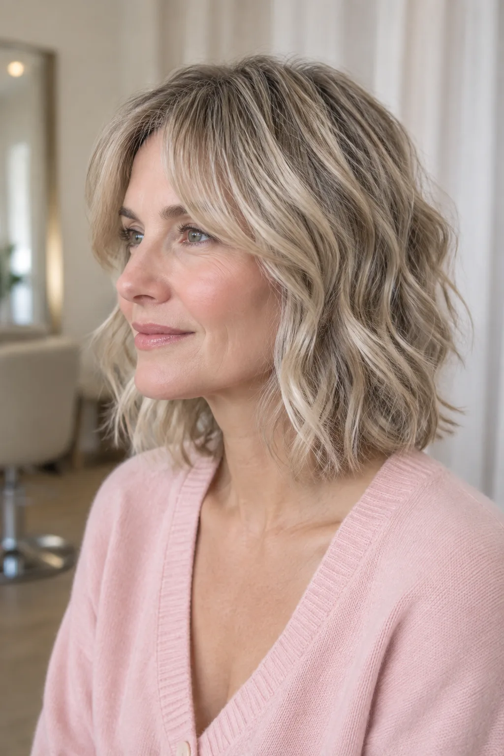 Profile view of woman over 50 with wavy shag bob and center-parted split bangs looking off camera