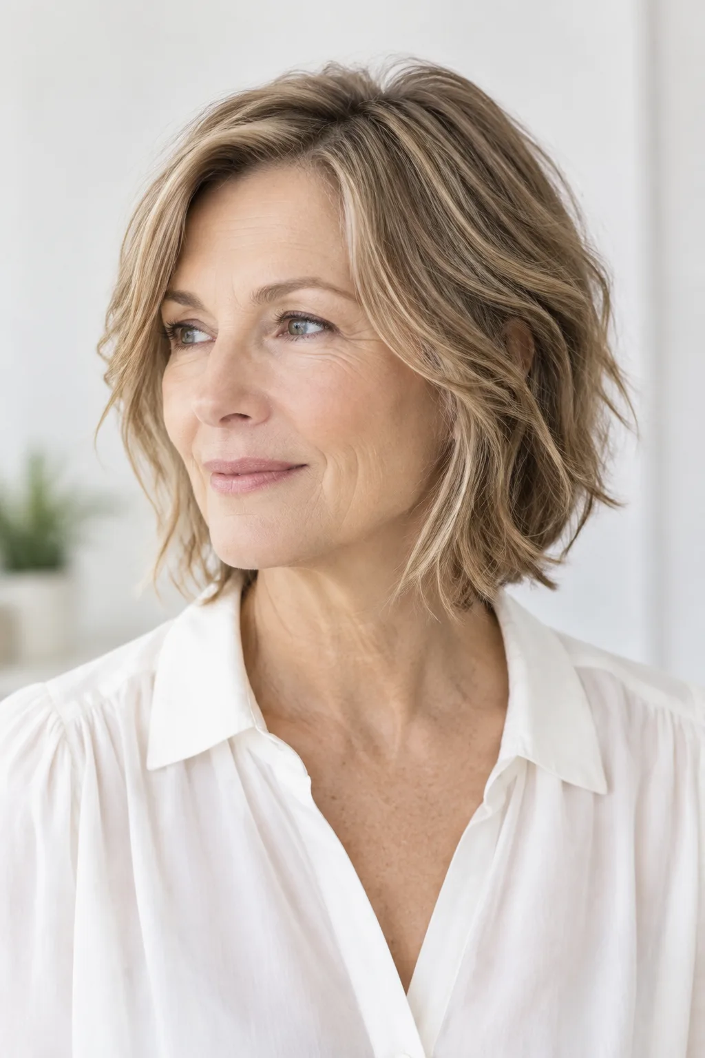 Woman over 50 with fine hair shag bob and whisper-thin layers glancing off to the side