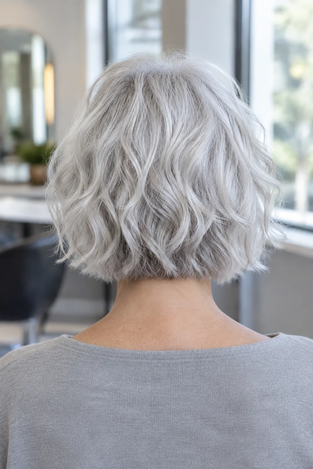 Straight rear view of woman over 50 with tousled silver shag bob and broken textured layers