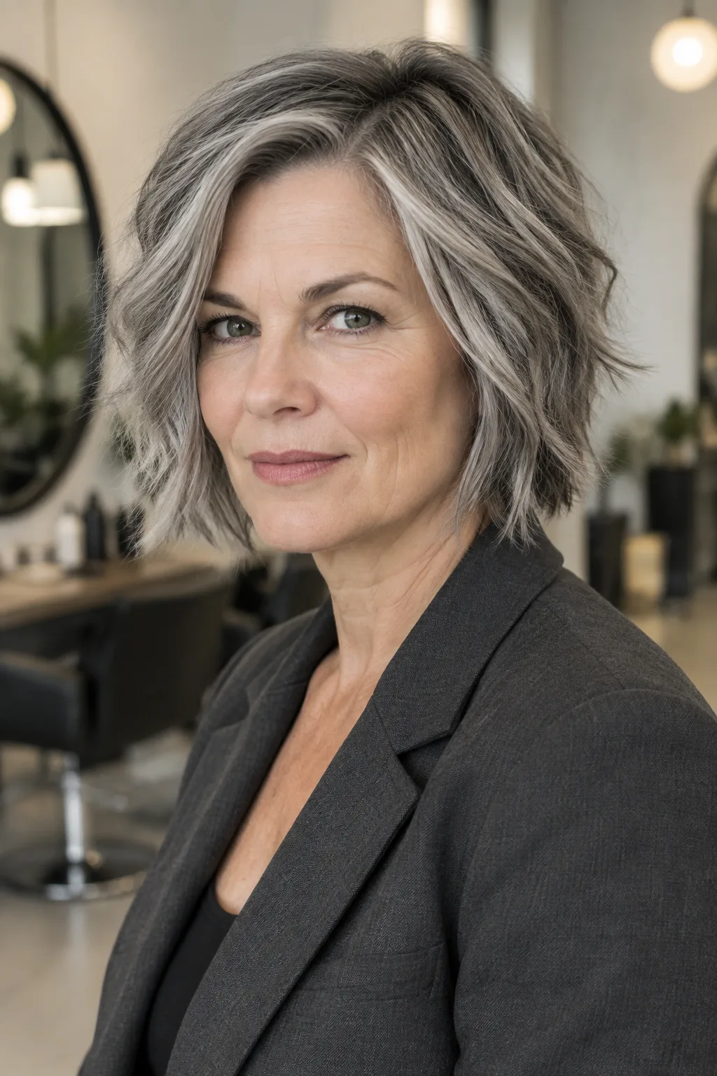 Woman with chin-length choppy gray shag and razor layers looking toward camera