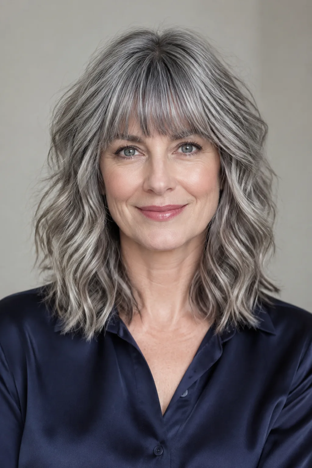 Woman with collarbone-length wavy gray shag and blunt bangs facing forward