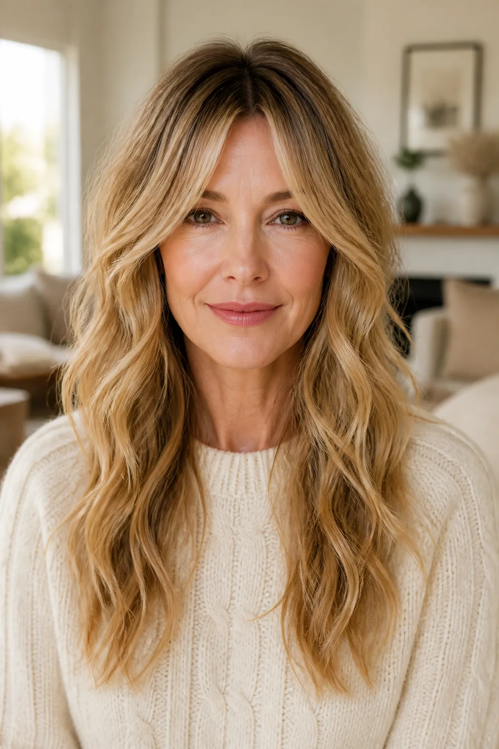 Woman over 40 with long wavy honey blonde hair and soft curtain bangs framing her face