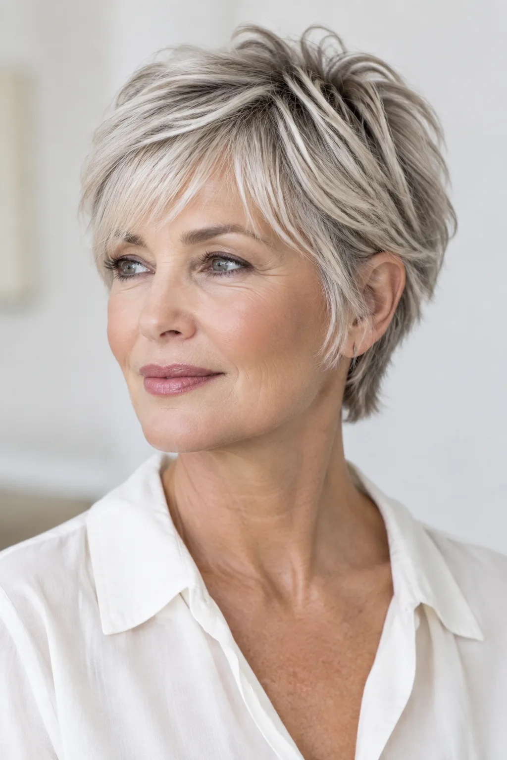 Woman over 60 with platinum textured pixie haircut and soft wispy fringe, slight turn toward camera