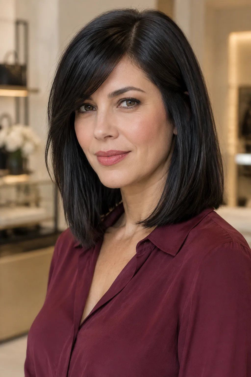 Woman over 40 with sleek black blunt lob and soft side-swept bangs looking directly at camera