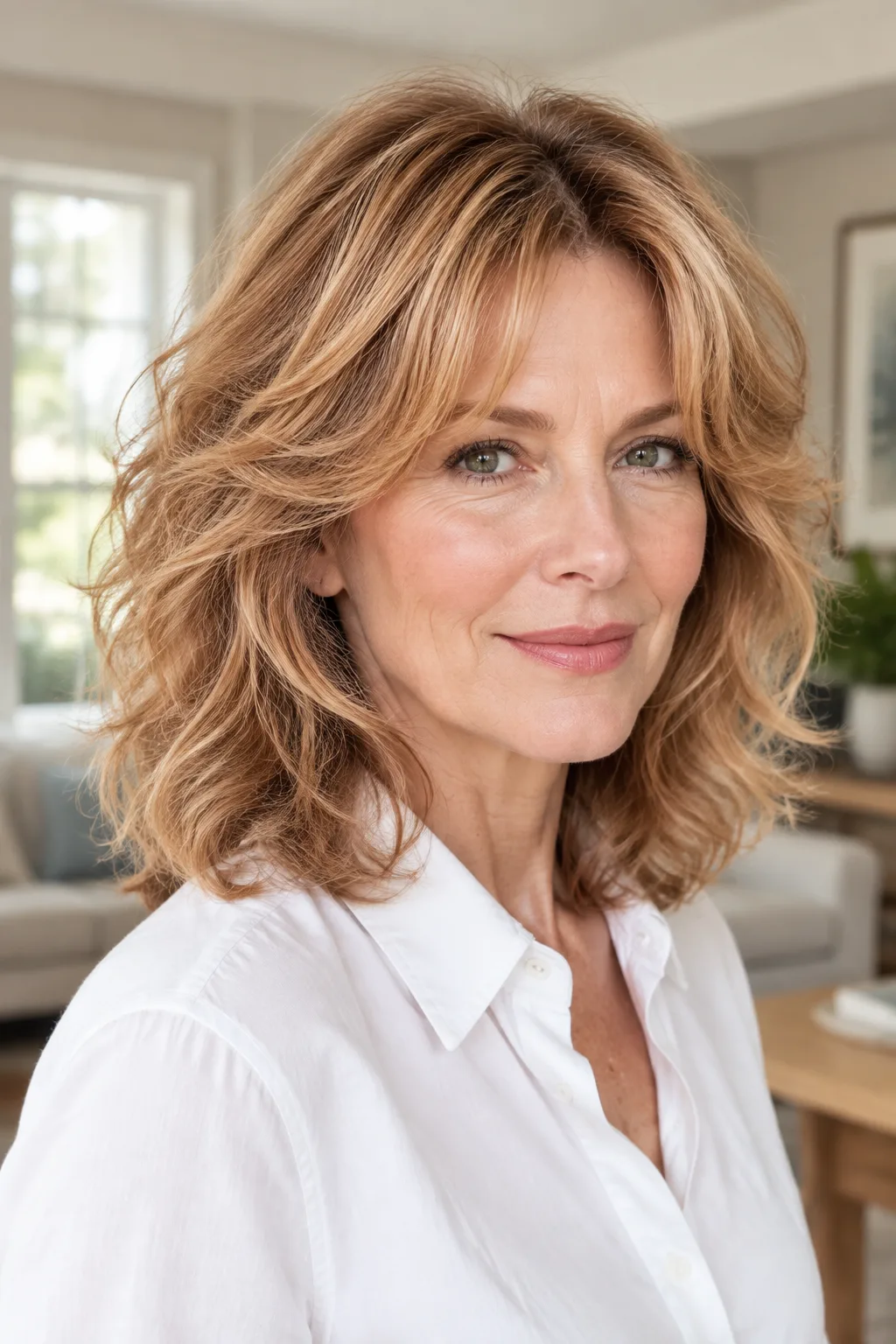 Woman over 60 with voluminous strawberry blonde layered bob and airy curtain bangs, facing camera