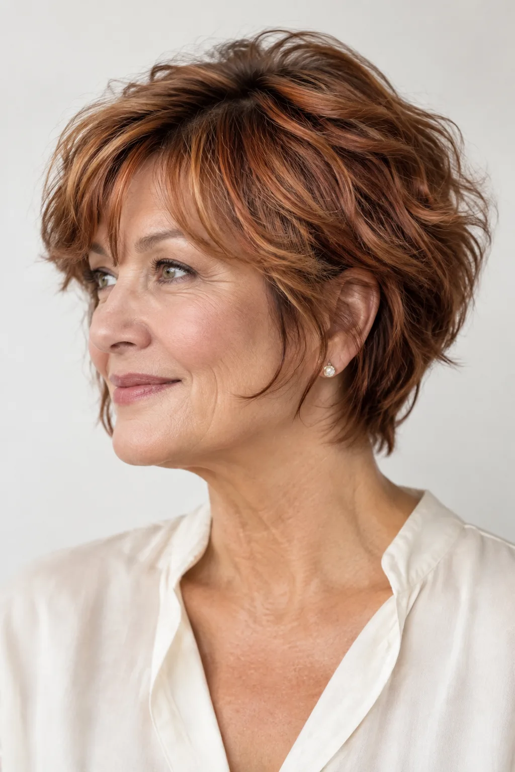 Profile view of woman over 60 with copper layered pixie-bob and soft curtain bangs