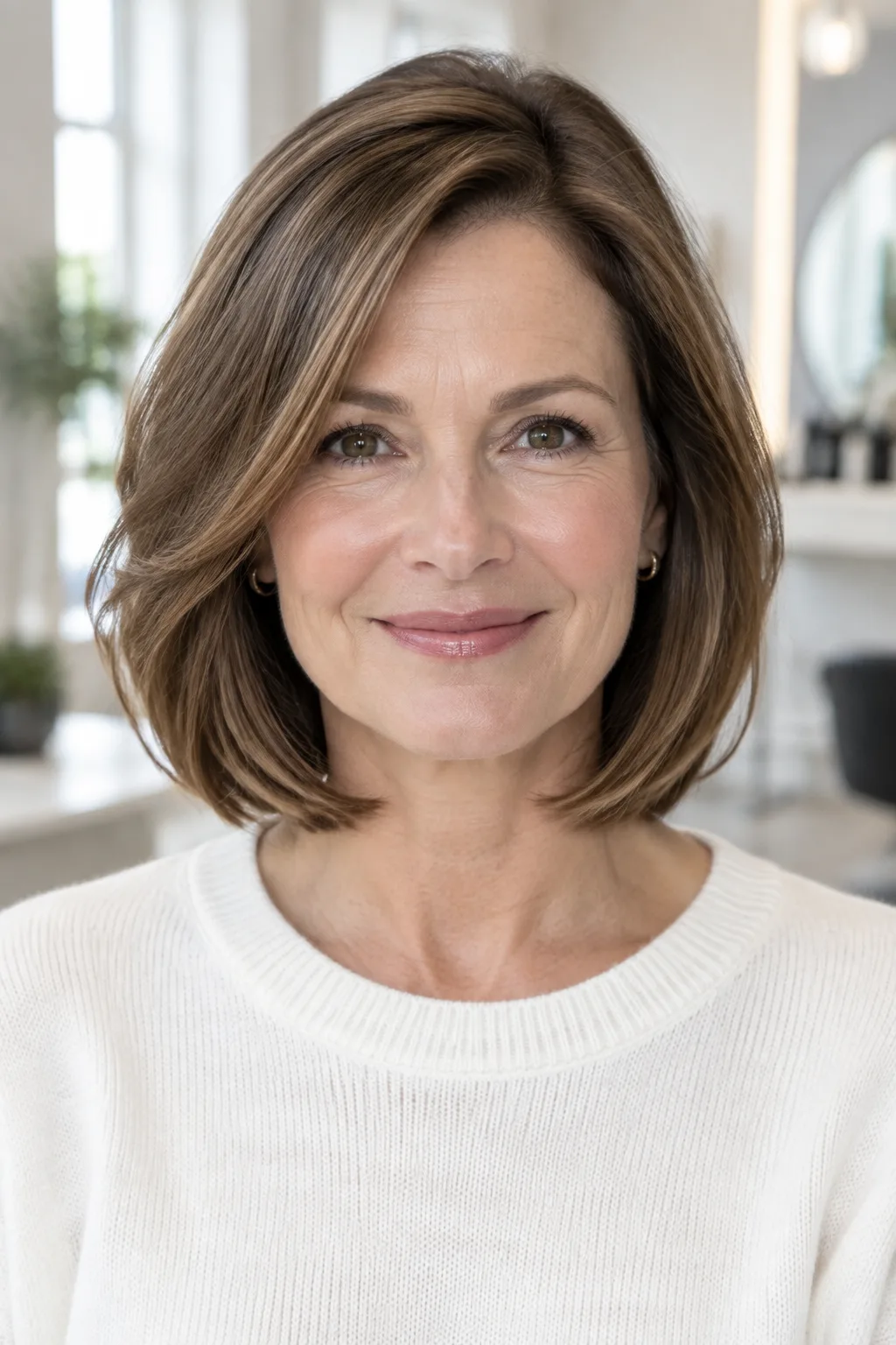 Woman over 50 with a chin-length soft layered bob and rounded ends facing the camera