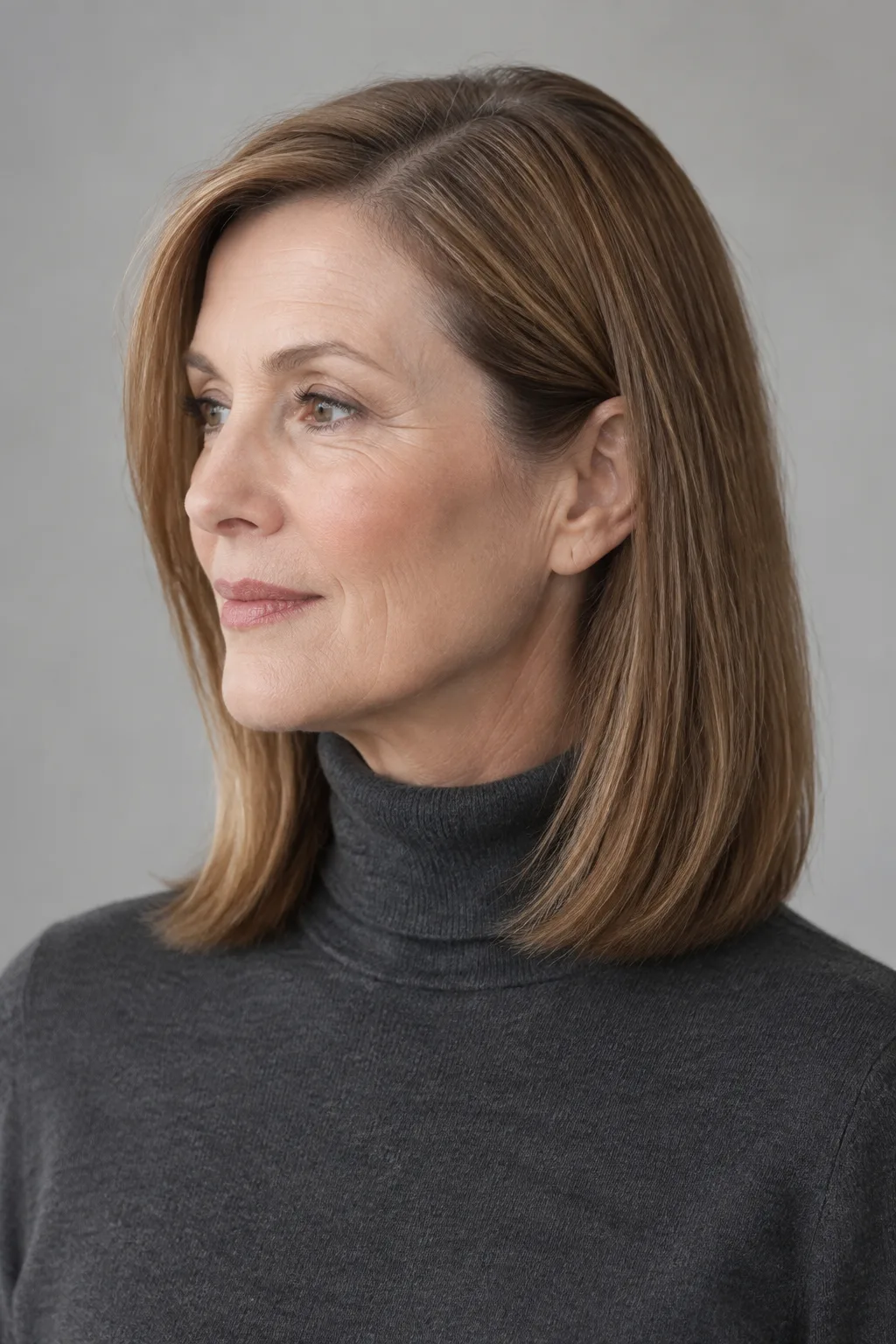 Profile view of woman over 50 with a sleek shoulder-length layered bob and glossy finish