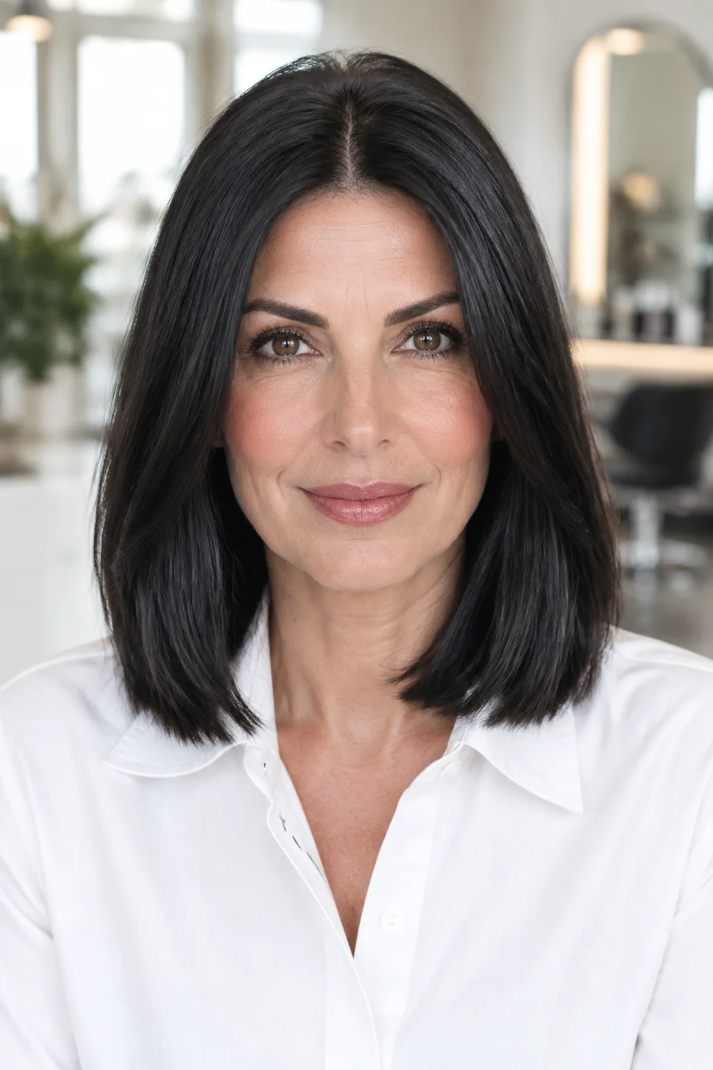 Woman over 50 with a soft blunt layered bob and center part looking directly at camera