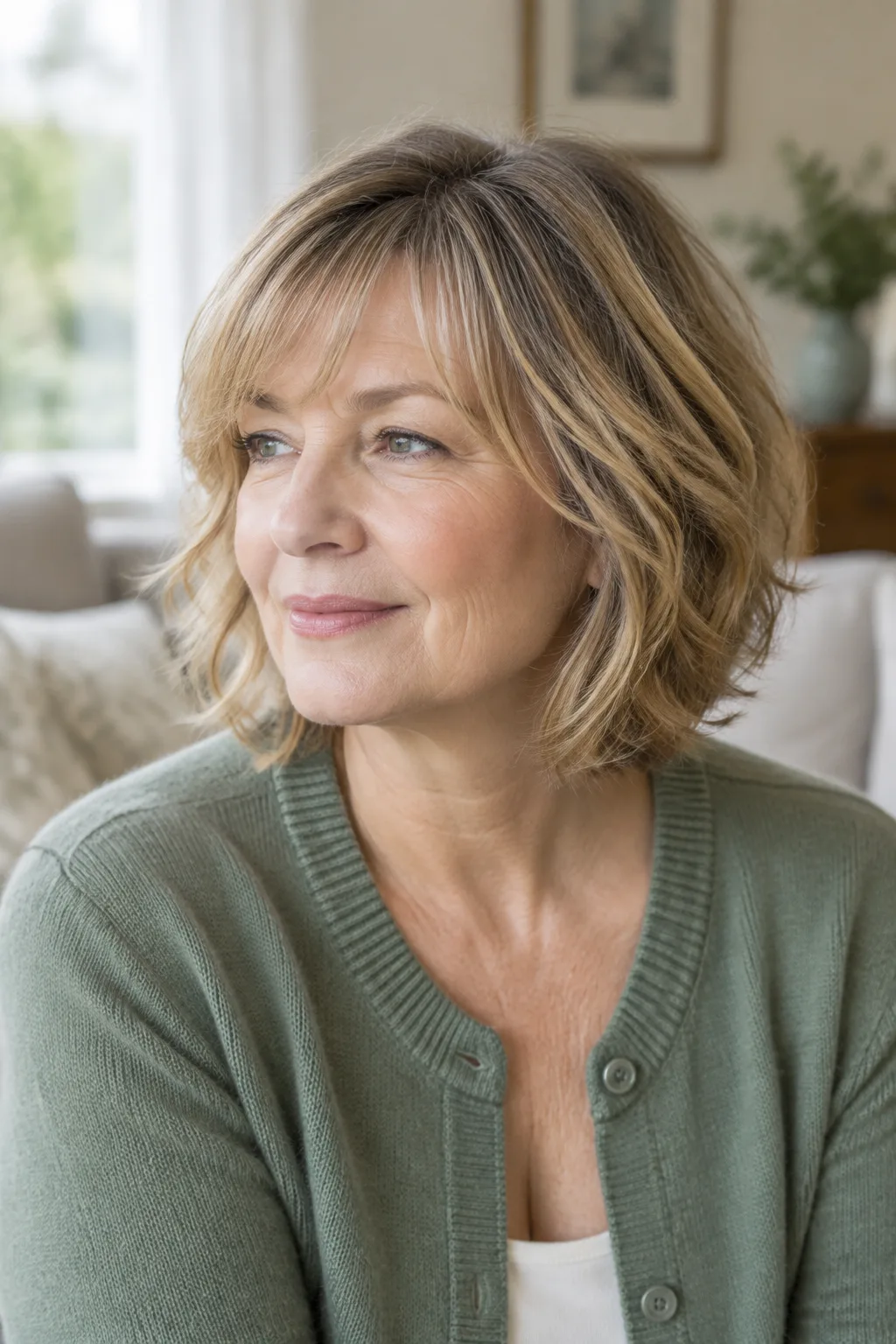 Woman over 50 with a feathered layered bob and wispy bangs facing slightly left