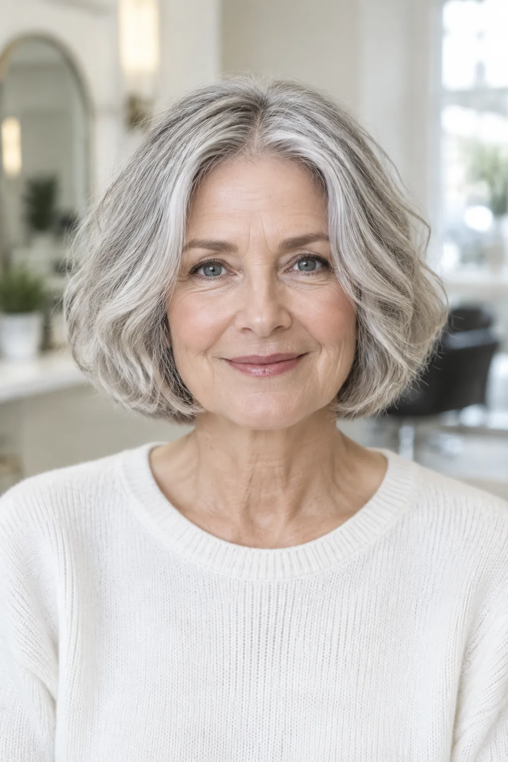 Woman over 50 with a silver soft layered bob and rounded perimeter looking straight at camera