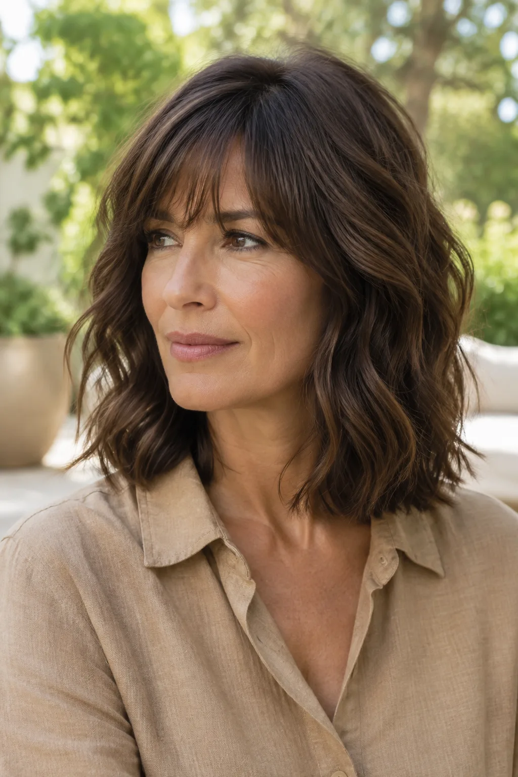 Woman over 50 with a soft layered bob and brow-grazing bangs turned toward the left