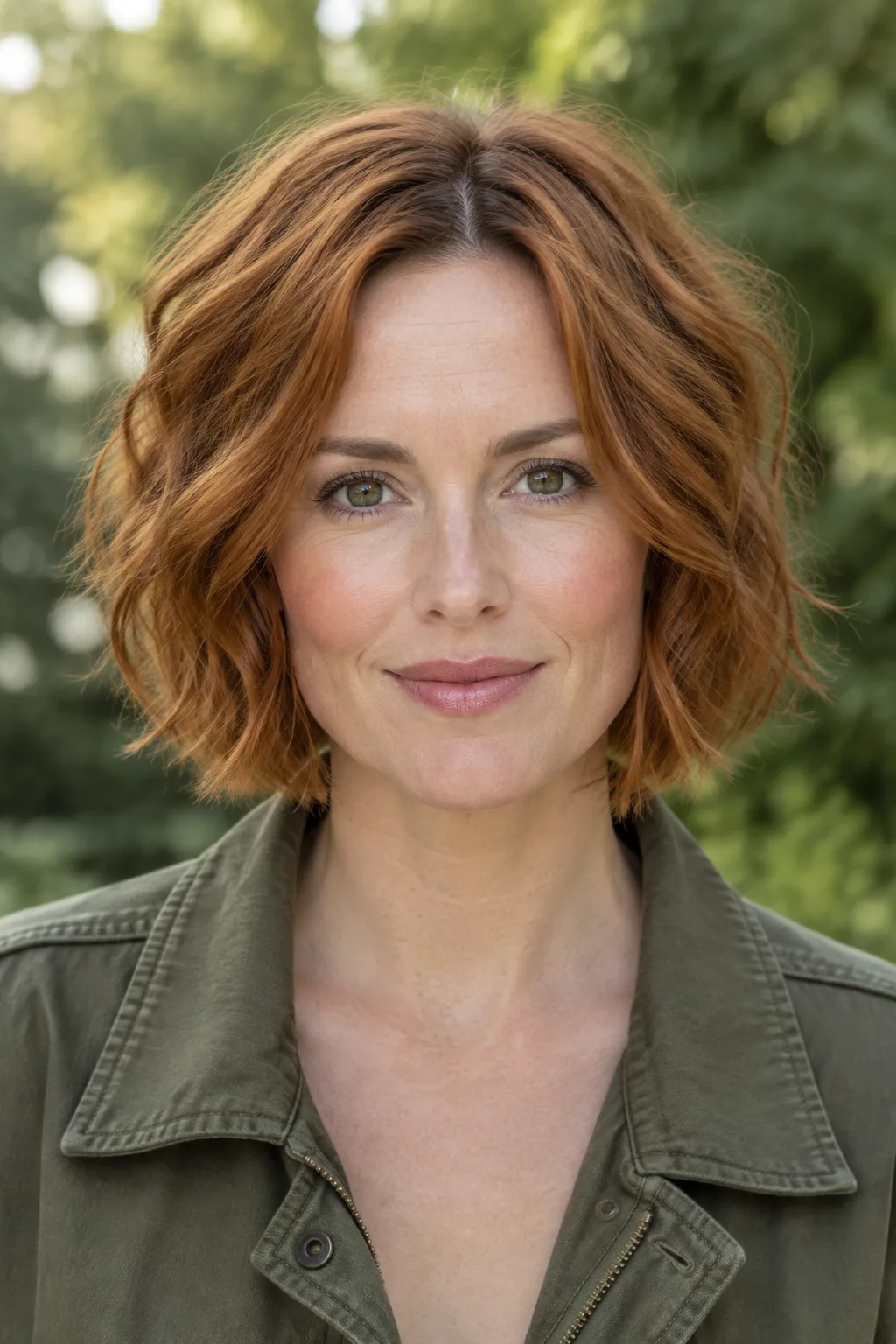 Woman with a copper textured stacked bob featuring razor-cut ends and no bangs