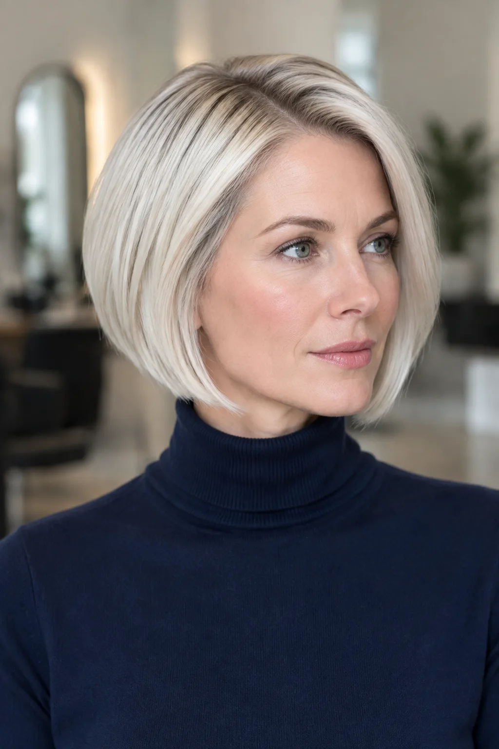 Woman with a sleek platinum stacked bob and blunt ends facing to the side