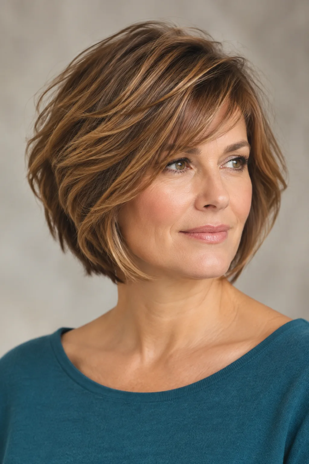 Woman with a tapered stacked bob and side-swept bangs shown at a three-quarter angle