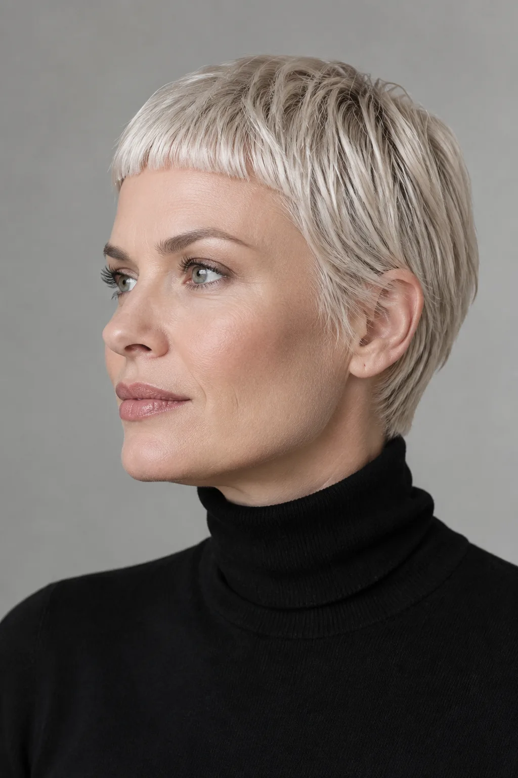 Platinum blonde woman in profile view with cropped pixie and micro fringe bangs
