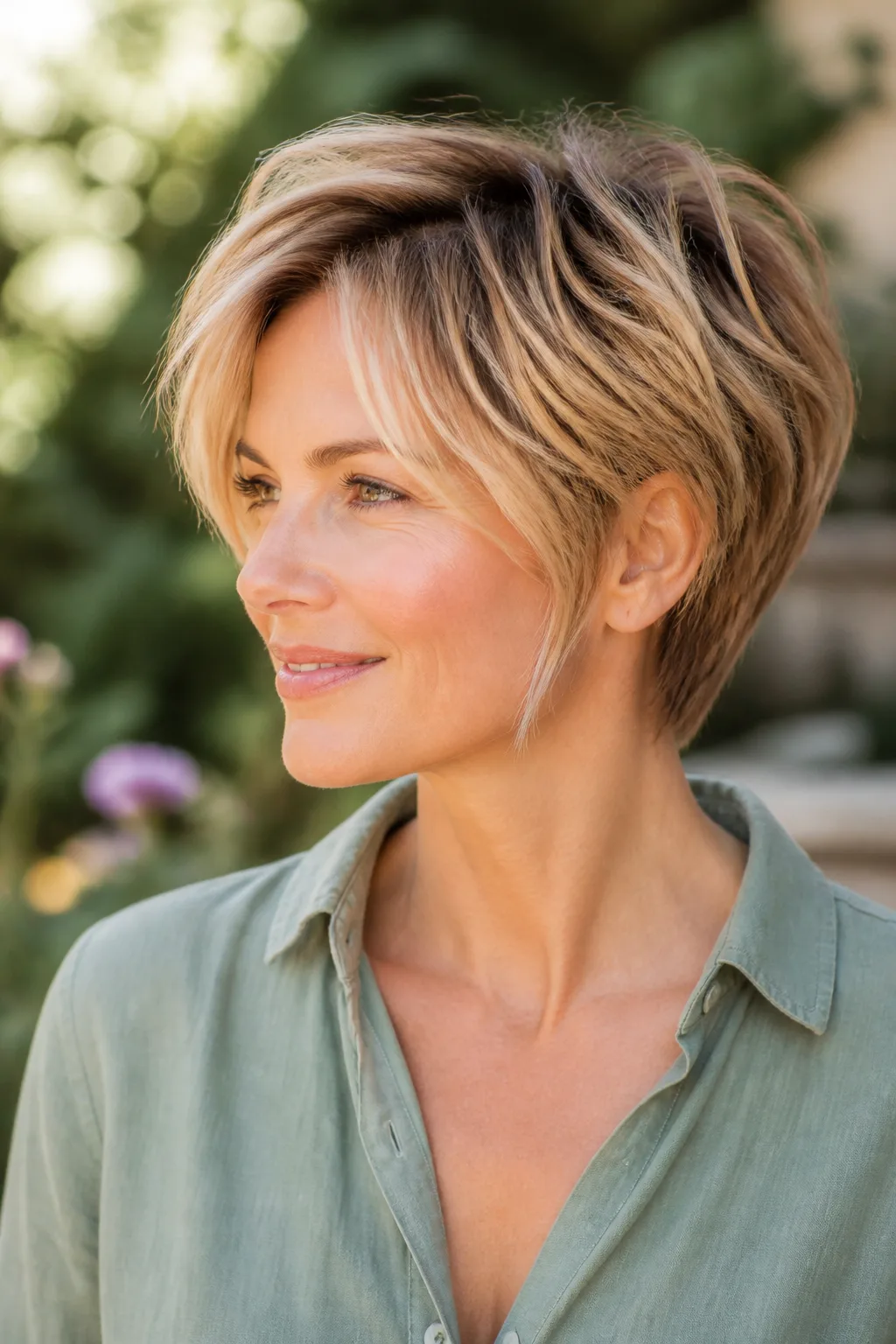 Honey blonde woman in three-quarter view with wavy longer-on-top pixie haircut