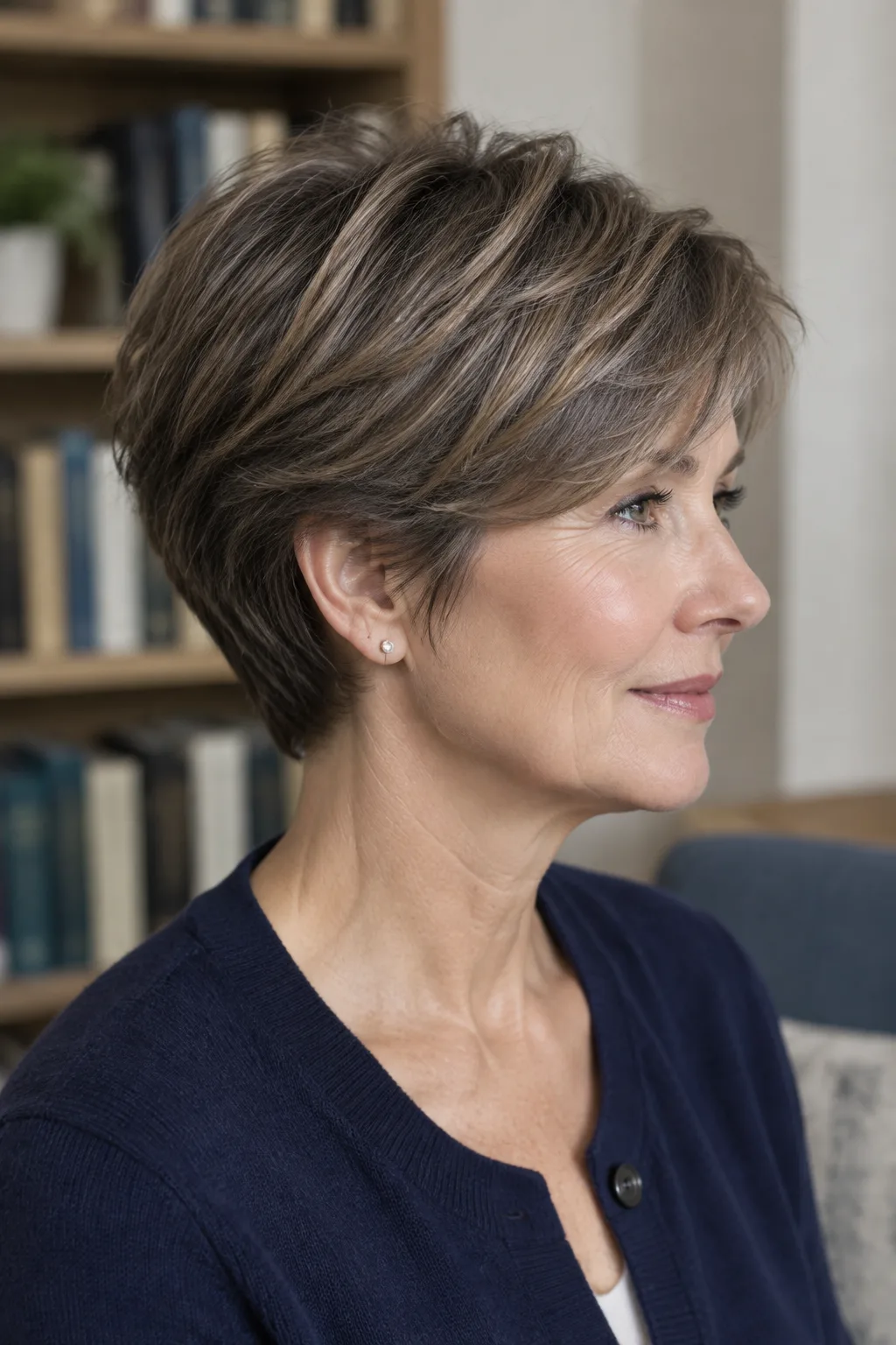 Ash brown haired woman in profile facing right with tapered nape pixie crop