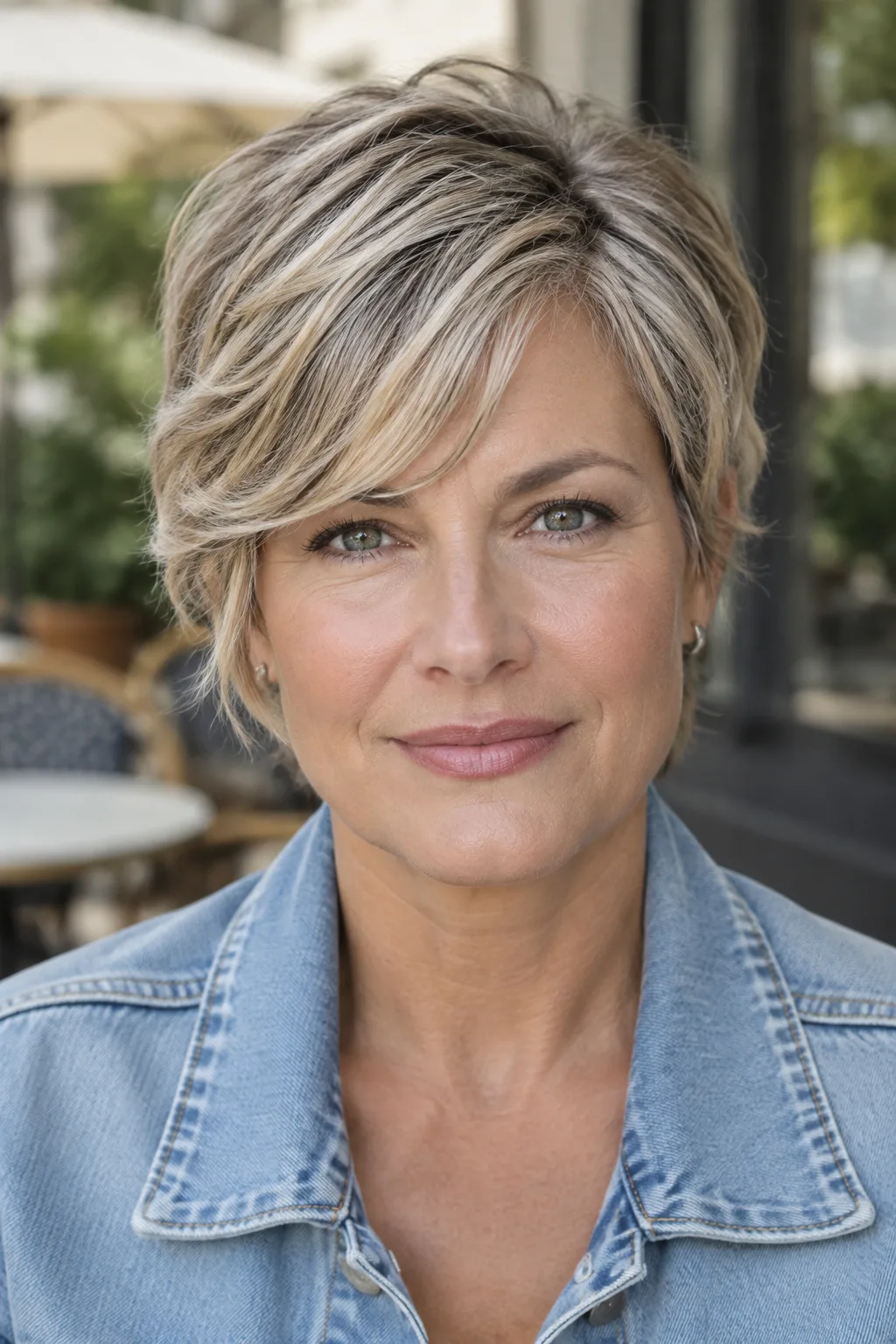 Ash blonde woman facing camera with textured side part pixie haircut