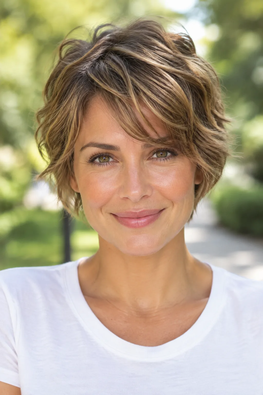 Light brown haired woman facing camera with wavy soft layered pixie cut