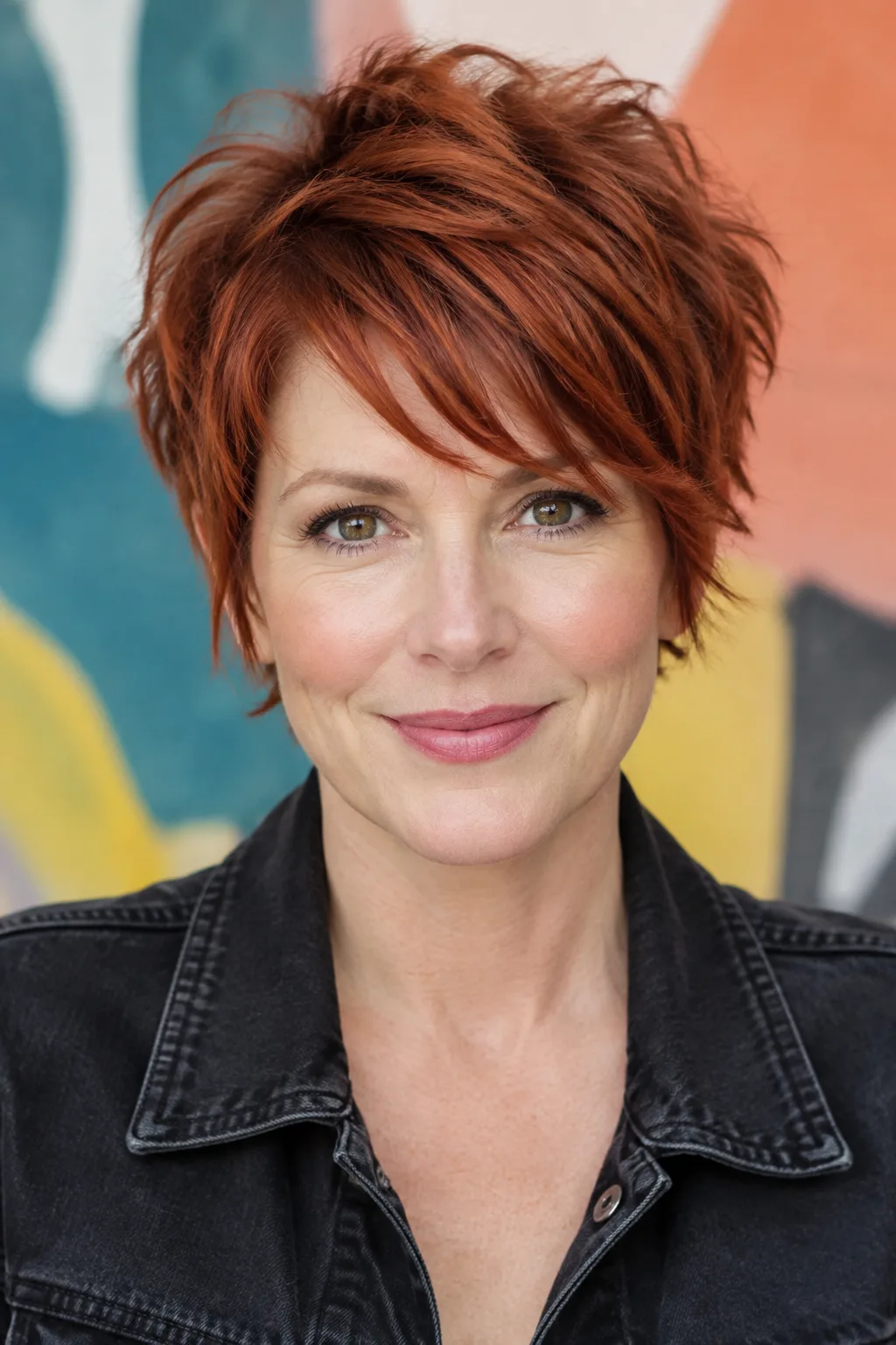 Red haired woman facing camera with choppy razor layered pixie haircut