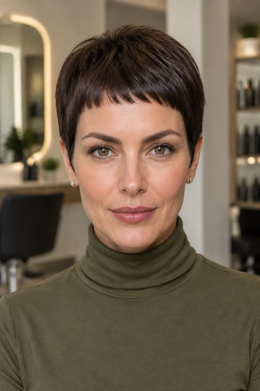 Brunette woman facing camera with cropped pixie and blunt baby bangs