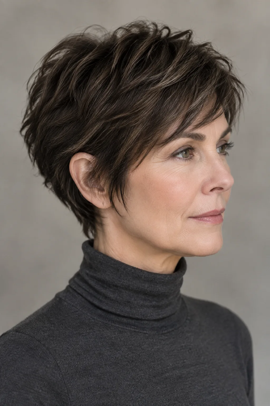 Woman over 60 with dark brown tousled pixie cut and side-swept fringe in profile view