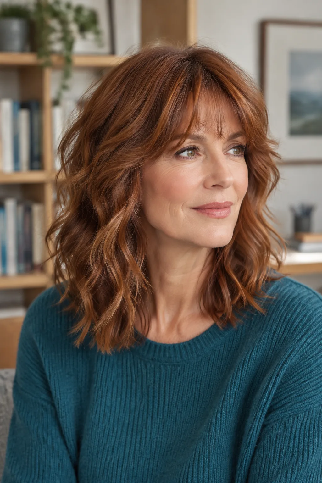 Auburn haired woman over 60 with wavy shoulder length shag and wispy bangs facing right