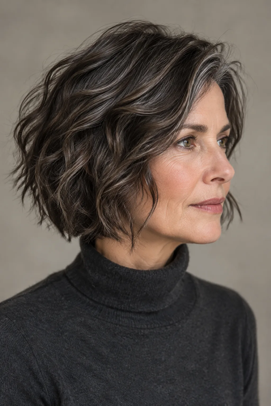 Woman over 60 with dark brown undone bob and razor cut layers shown in profile