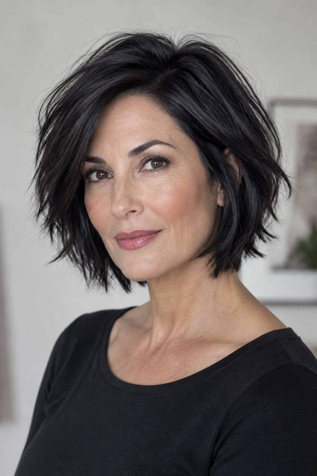 Woman with black shattered ends bob and subtle undercut nape facing the camera