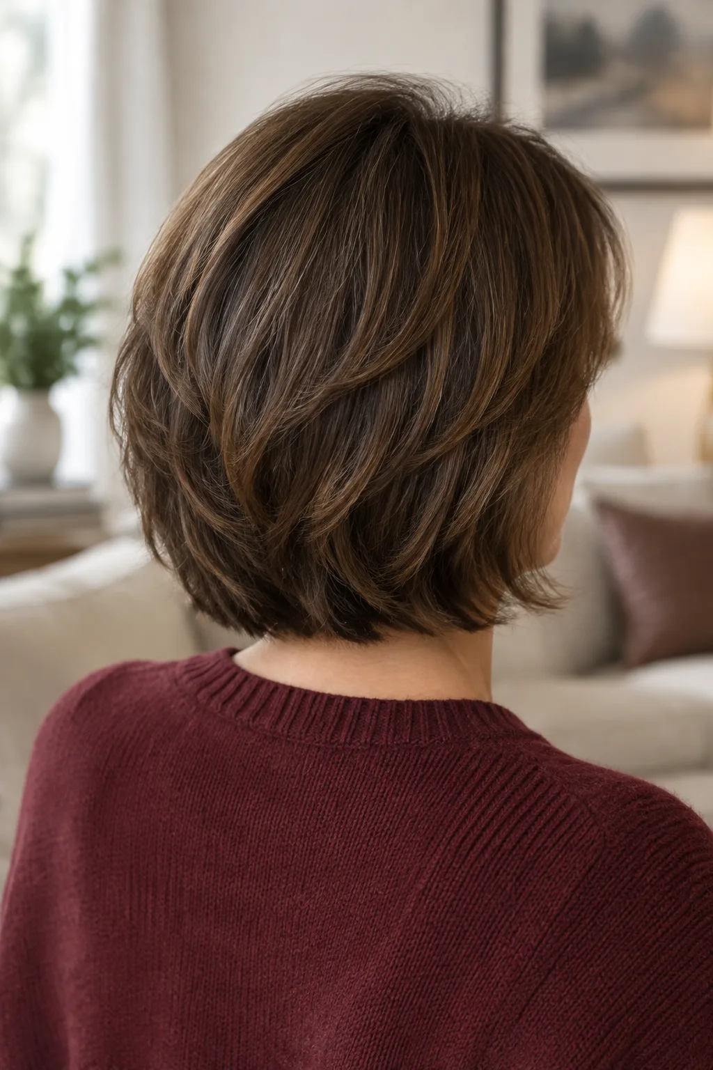 Rear three-quarter view of dark brown bob with broken layers adding crown volume
