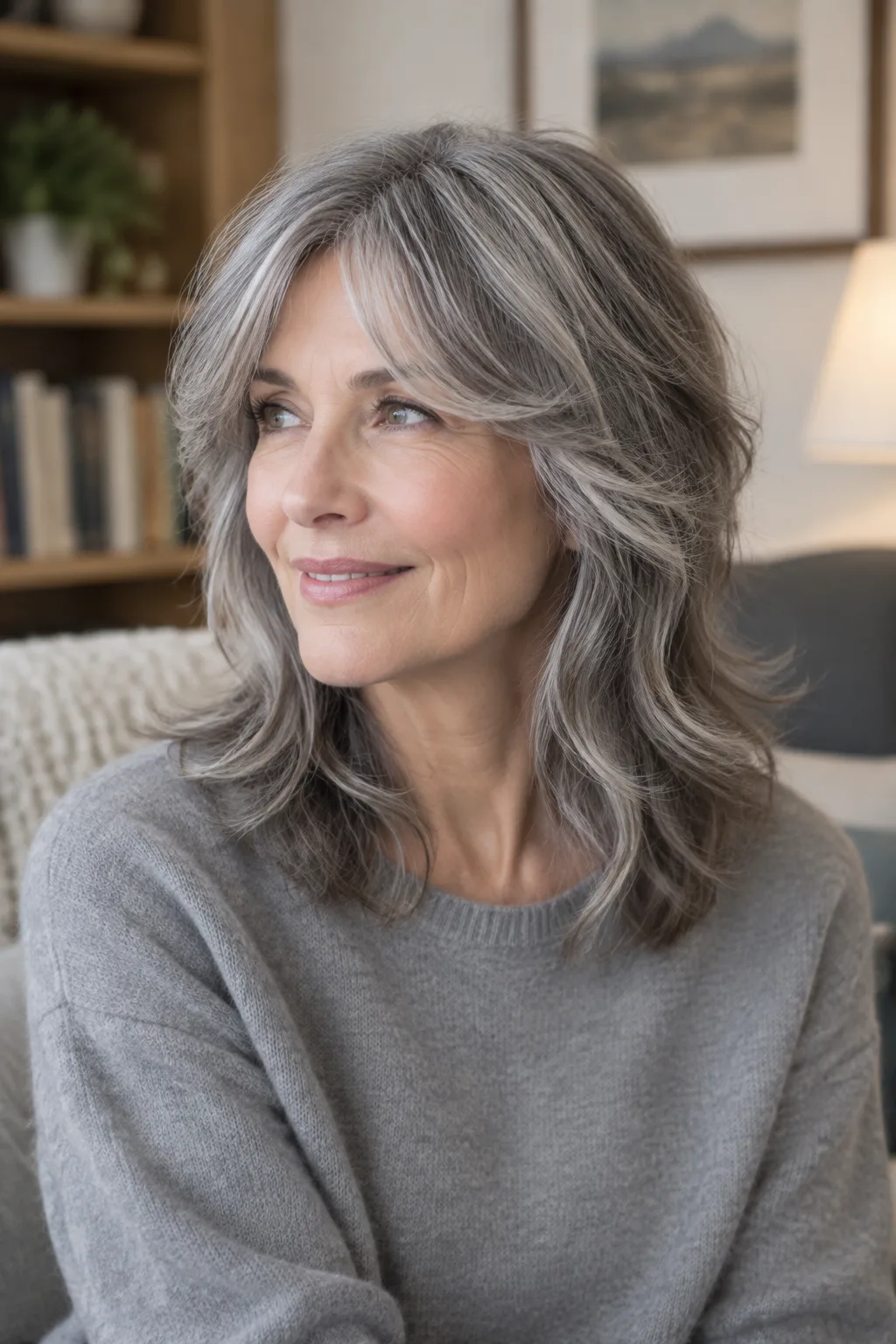 Woman with silver gray medium wolf cut and curtain layers turned slightly left