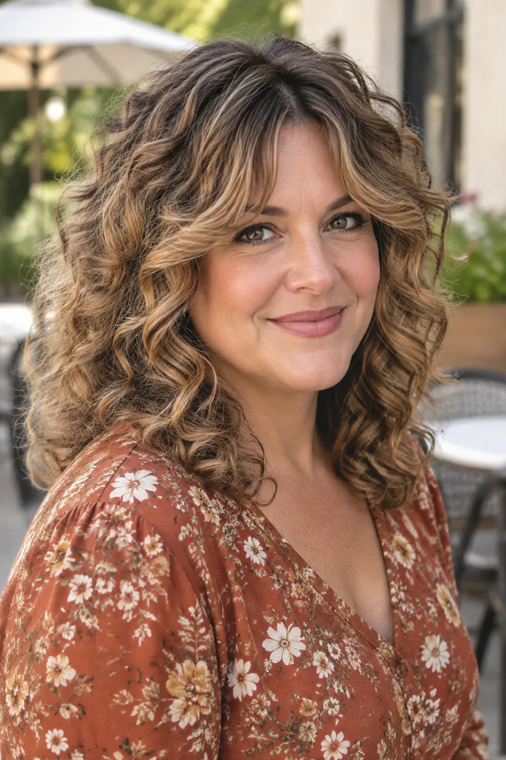 Woman with curly dark blonde wolf shag and curtain fringe smiling on cafe patio