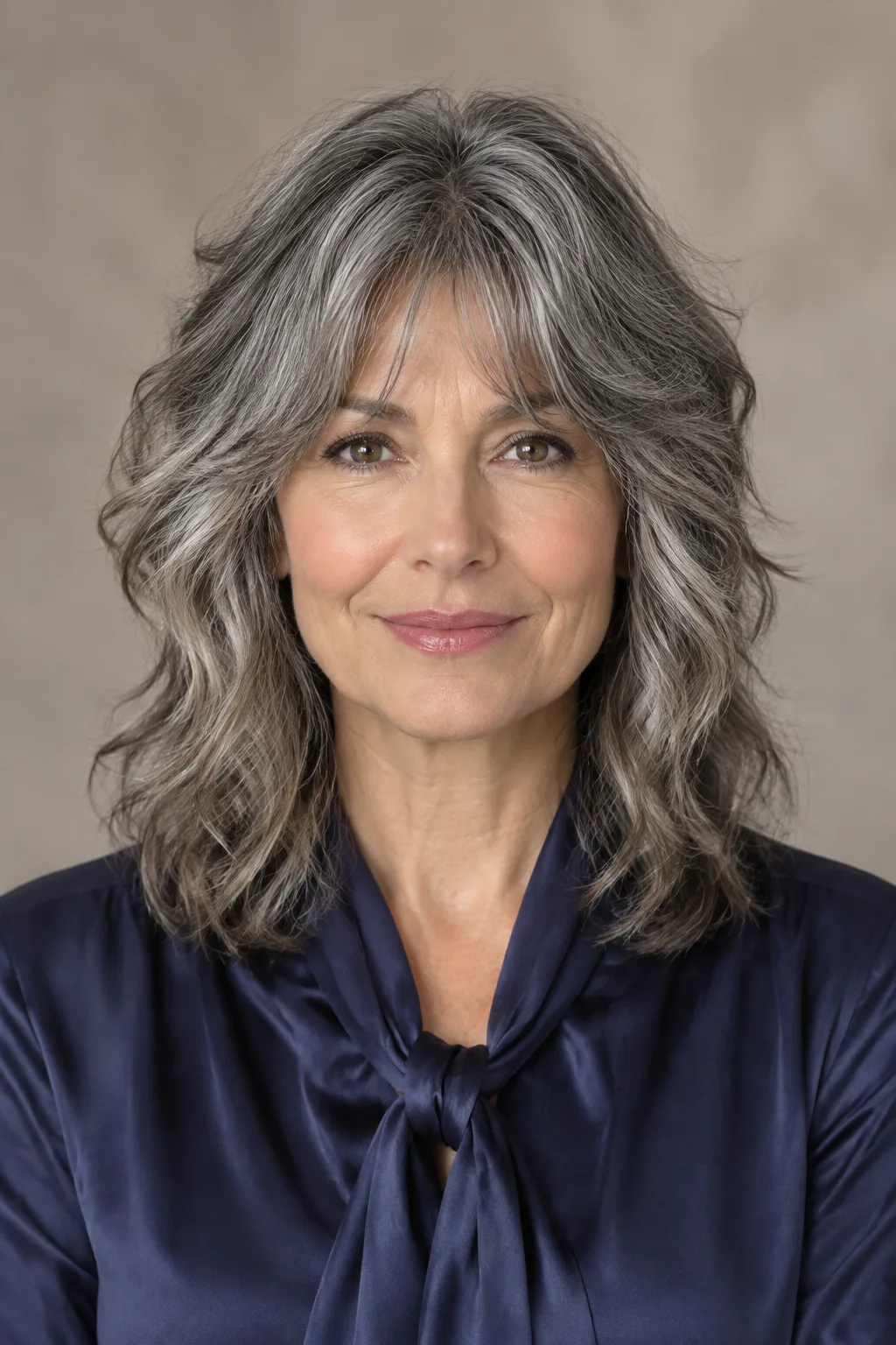 Woman with salt and pepper gray wolf shag and curtain fringe facing camera directly