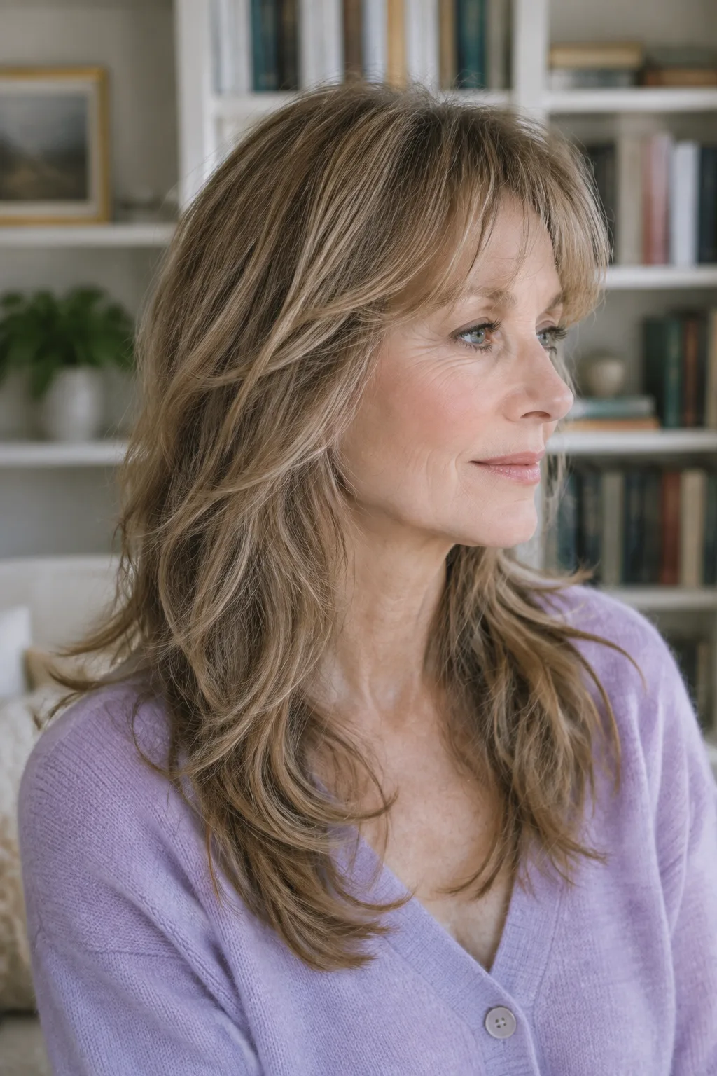 Woman with fine dark blonde long wolf cut and feathered layers in profile facing right