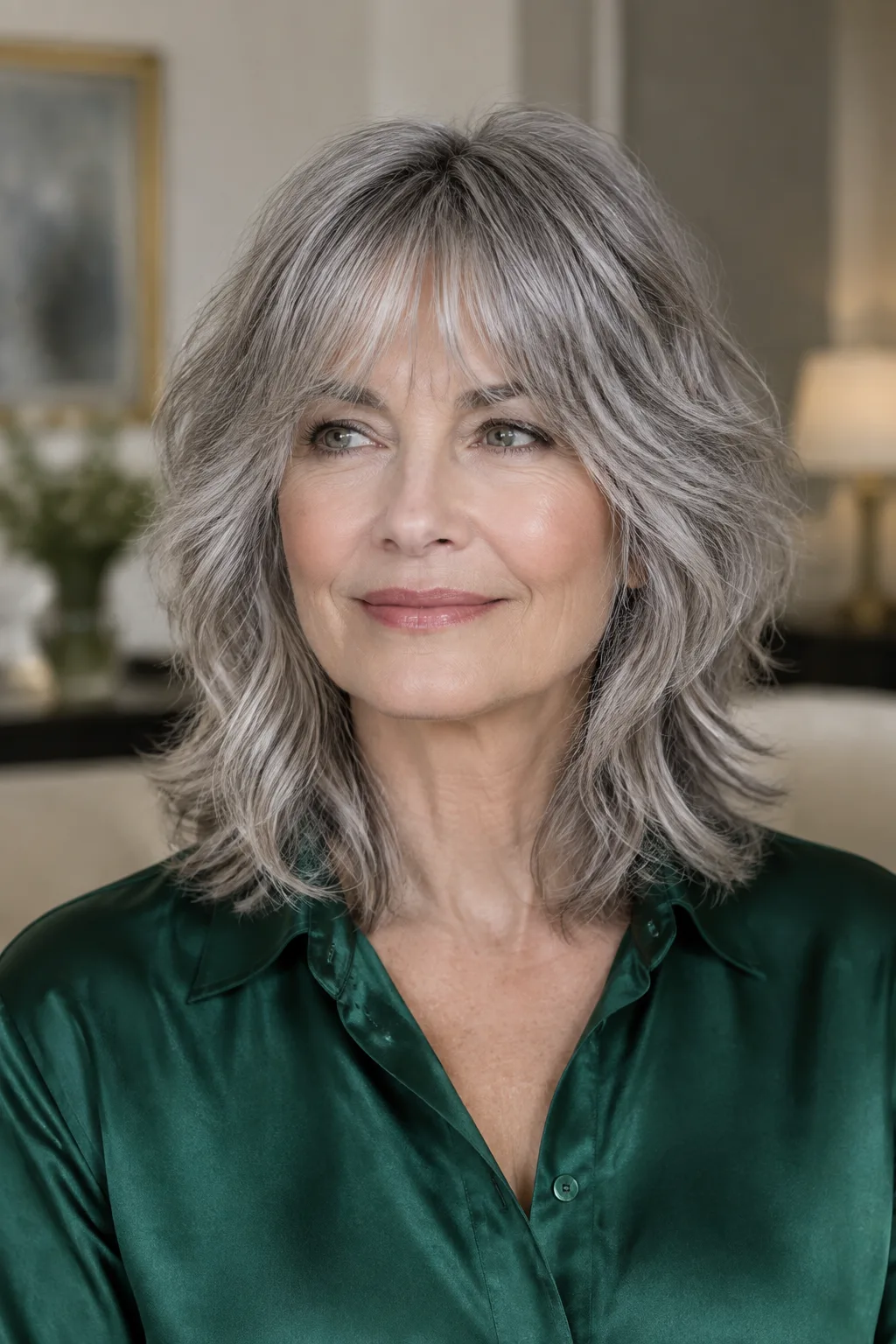 Woman with graphite gray shoulder wolf shag and wispy bangs facing forward